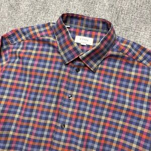 ETON Shirt Mens XXL 46 18 Blue Check Contemporary Fit 100% Cotton